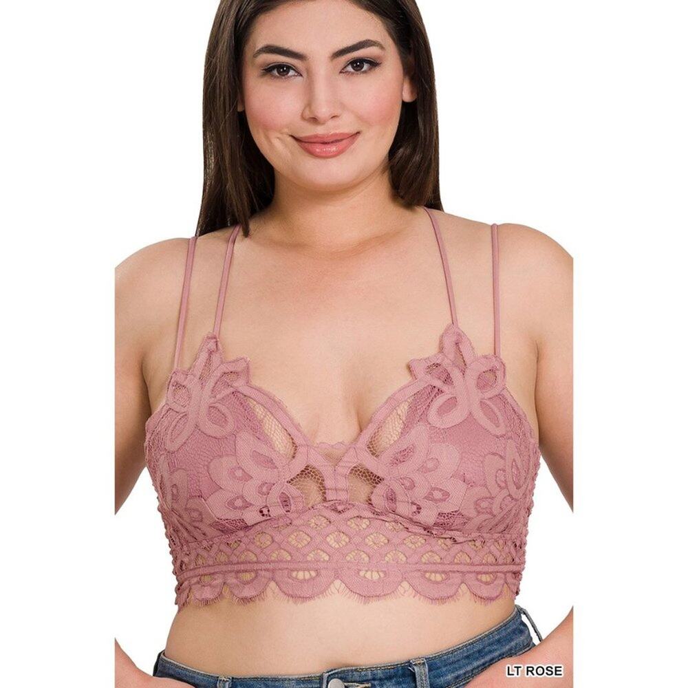 3X Light Rose Lace Bralette with Bra Pads Zenana adjustable straps smocked